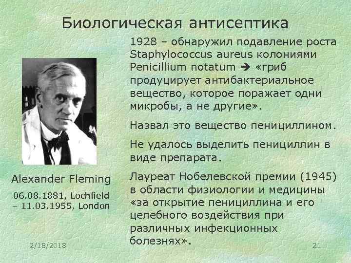 Биологическая антисептика 1928 – обнаружил подавление роста Staphylococcus aureus колониями Penicillium notatum «гриб продуцирует