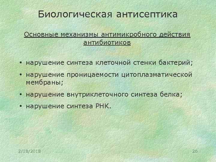 Биологическая антисептика Основные механизмы антимикробного действия антибиотиков • нарушение синтеза клеточной стенки бактерий; •