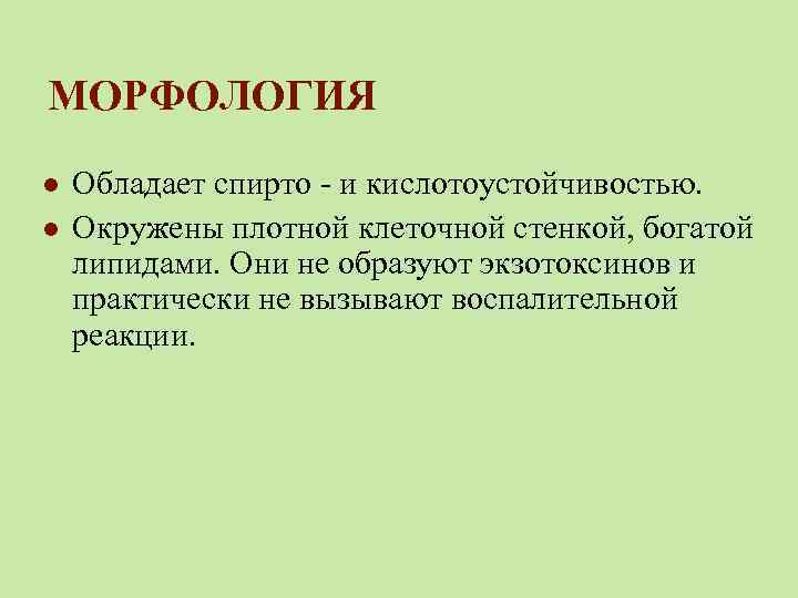 МОРФОЛОГИЯ l l Обладает спирто - и кислотоустойчивостью. Окружены плотной клеточной стенкой, богатой липидами.