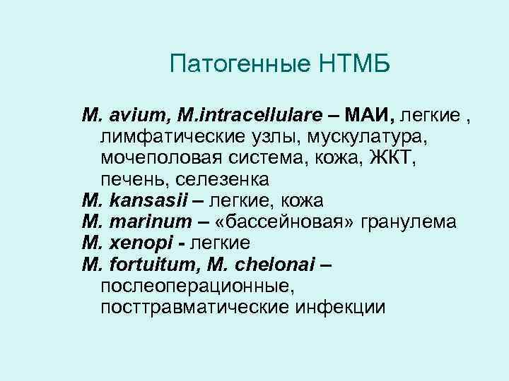 Патогенные НТМБ M. avium, M. intracellulare – МАИ, легкие , лимфатические узлы, мускулатура, мочеполовая