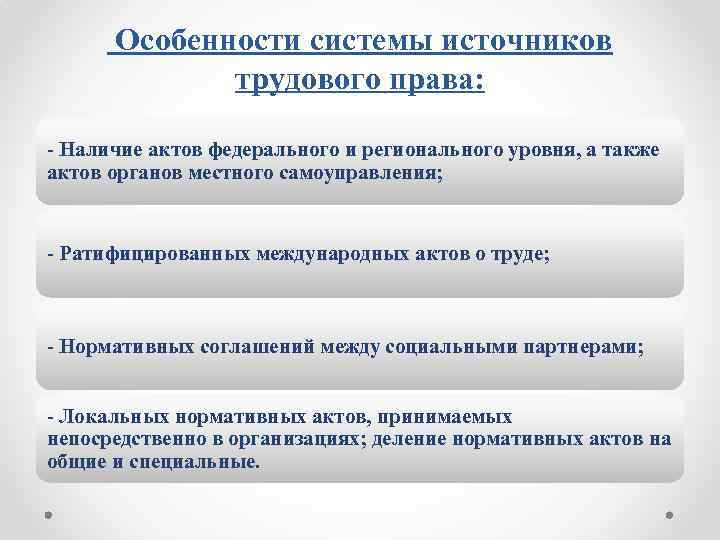 Особенности системы источников трудового права: - Наличие актов федерального и регионального уровня, а также