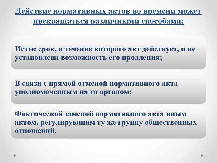 Действие нормативных актов во времени может прекращаться различными способами: Истек срок, в течение которого