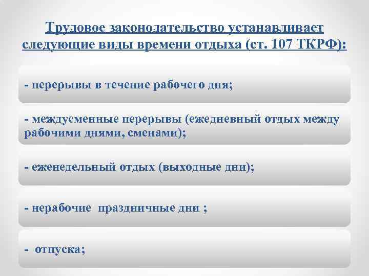 Трудовое законодательство устанавливает следующие виды времени отдыха (ст. 107 ТКРФ): - перерывы в течение