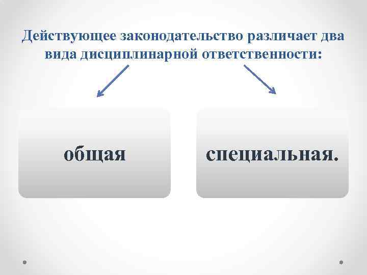 Действующее законодательство различает два вида дисциплинарной ответственности: общая специальная. 