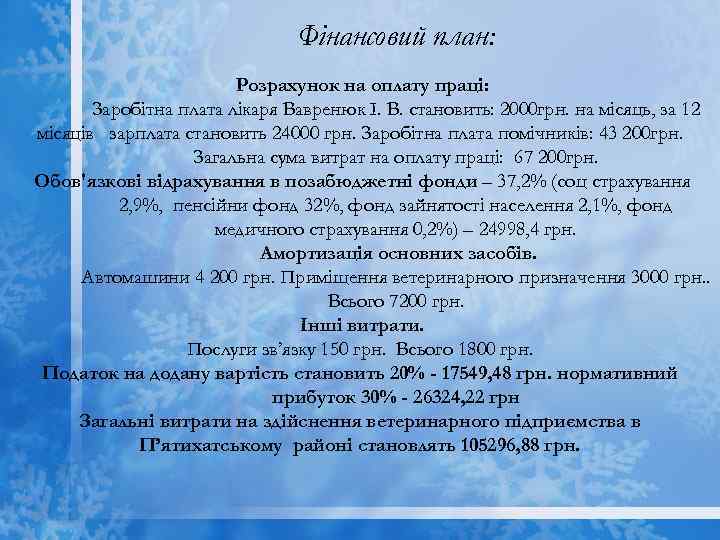 Фінансовий план: Розрахунок на оплату праці: Заробітна плата лікаря Вавренюк І. В. становить: 2000
