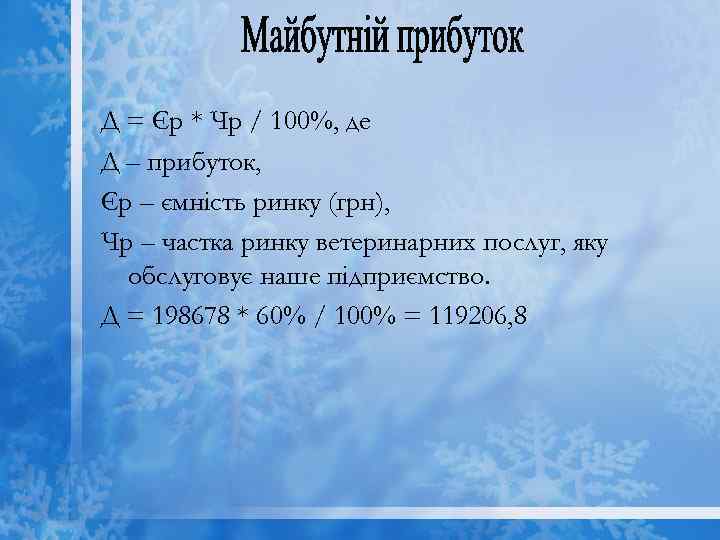 Д = Єр * Чр / 100%, де Д – прибуток, Єр – ємність