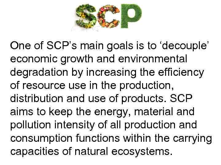 One of SCP’s main goals is to ‘decouple’ economic growth and environmental degradation by