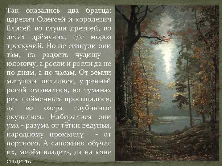 Так оказались два братца: царевич Олегсей и королевич Елисей во глуши древней, во лесах