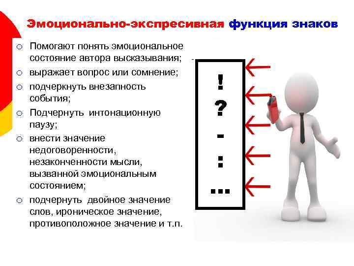 Эмоционально-экспресивная функция знаков ¡ ¡ ¡ Помогают понять эмоциональное состояние автора высказывания; выражает вопрос