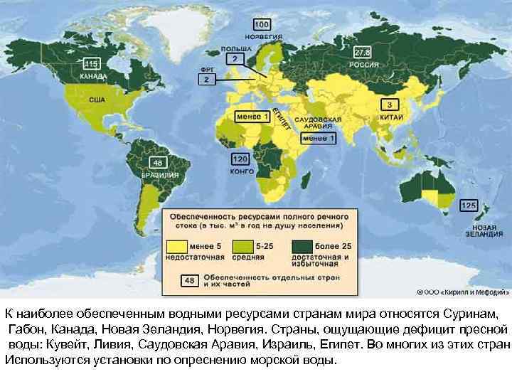 К наиболее обеспеченным водными ресурсами странам мира относятся Суринам, Габон, Канада, Новая Зеландия, Норвегия.