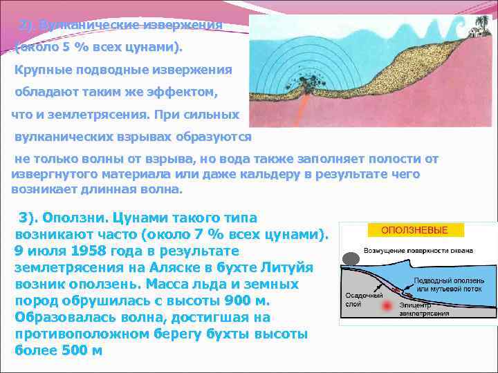 2). Вулканические извержения (около 5 % всех цунами). Крупные подводные извержения обладают таким же