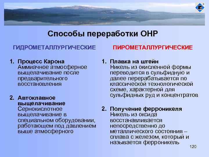 Способы переработки ОНР ГИДРОМЕТАЛЛУРГИЧЕСКИЕ 1. Процесс Карона Аммиачное атмосферное выщелачивание после предварительного восстановления ПИРОМЕТАЛЛУРГИЧЕСКИЕ