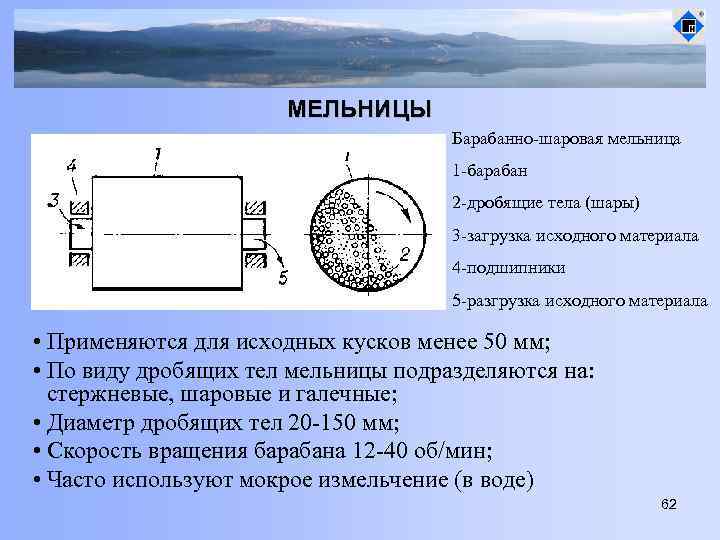 МЕЛЬНИЦЫ Барабанно-шаровая мельница 1 -барабан 2 -дробящие тела (шары) 3 -загрузка исходного материала 4