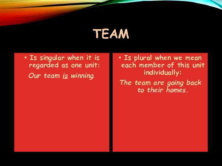 TEAM • Is singular when it is regarded as one unit: Our team is