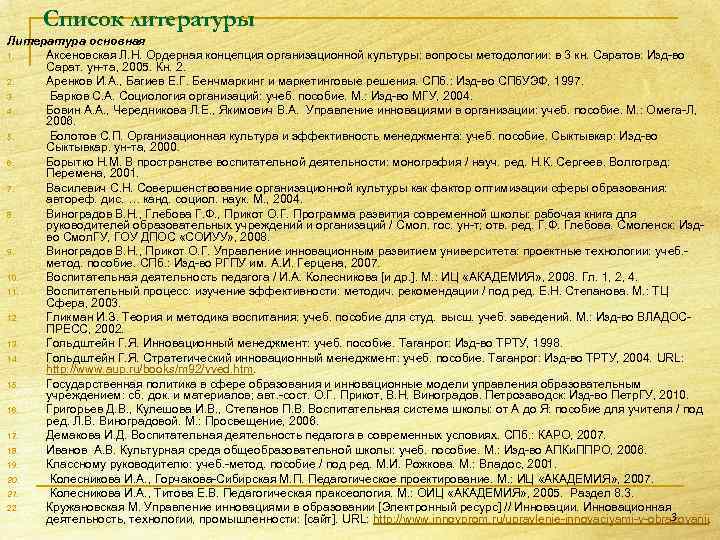 Список литературы Литература основная 1. Аксеновская Л. Н. Ордерная концепция организационной культуры: вопросы методологии: