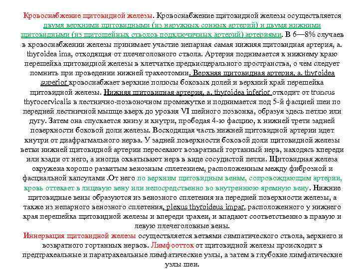 Кровоснабжение щитовидной железы осуществляется двумя верхними щитовидными (из наружных сонных артерий) и двумя нижними