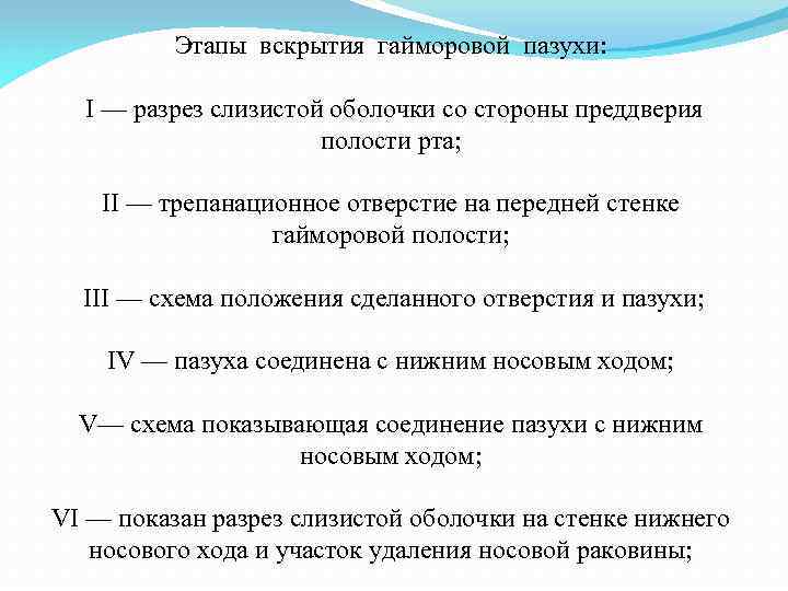 Этапы вскрытия гайморовой пазухи: I — разрез слизистой оболочки со стороны преддверия полости рта;