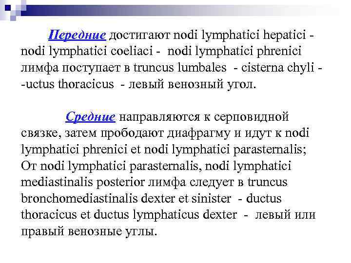  Передние достигают nodi lymphatici hepatici - nodi lymphatici coeliaci - nodi lymphatici phrenici