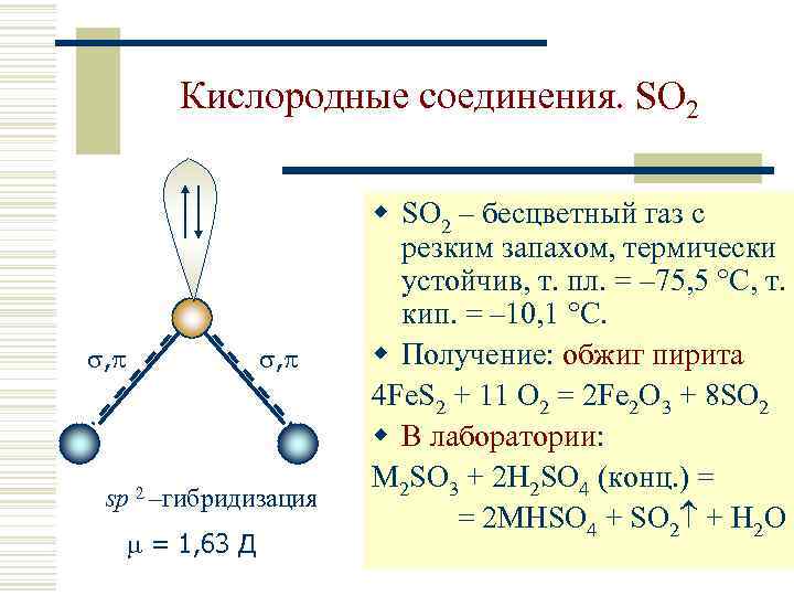 Кислородные соединения. SO 2 , , sp 2 –гибридизация = 1, 63 Д w