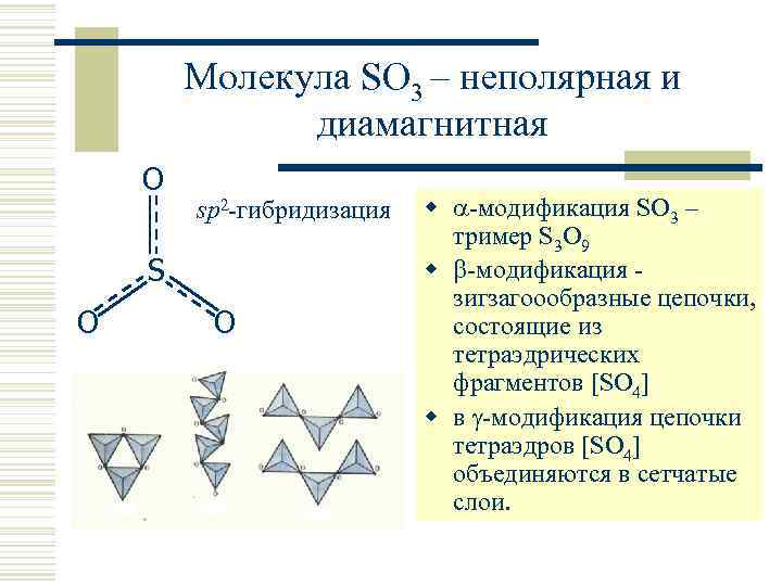 Молекула SO 3 – неполярная и диамагнитная O sp 2 -гибридизация S O O