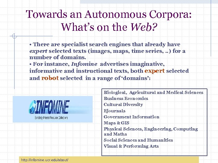 Towards an Autonomous Corpora: What’s on the Web? • There are specialist search engines