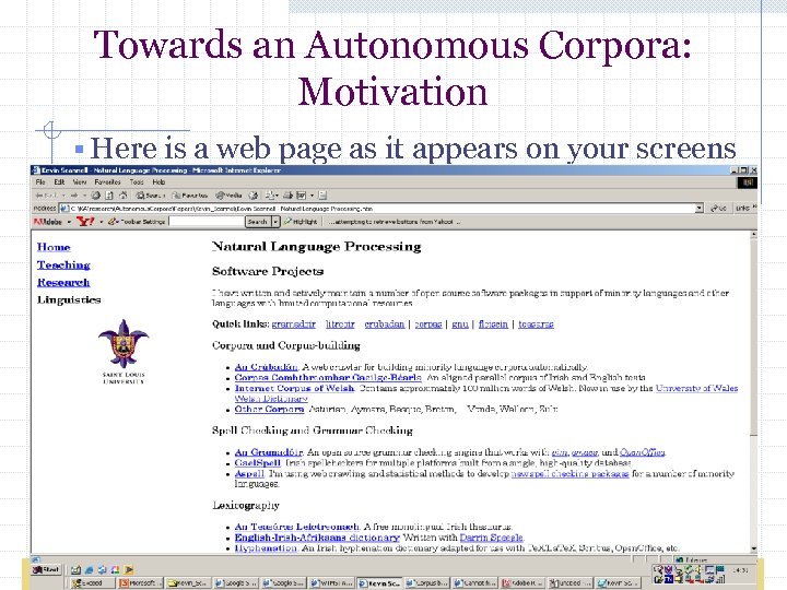 Towards an Autonomous Corpora: Motivation § Here is a web page as it appears