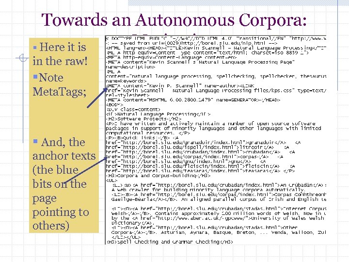 Towards an Autonomous Corpora: Motivation § Here it is in the raw! §Note Meta.