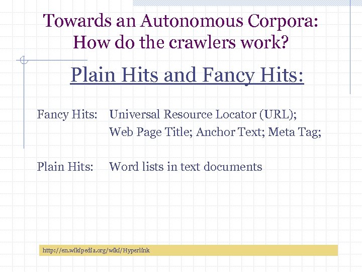 Towards an Autonomous Corpora: How do the crawlers work? Plain Hits and Fancy Hits: