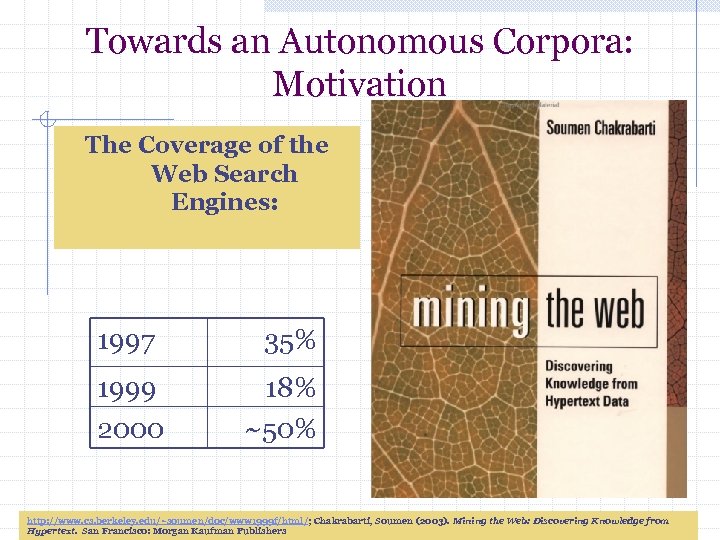 Towards an Autonomous Corpora: Motivation The Coverage of the Web Search Engines: 1997 1999