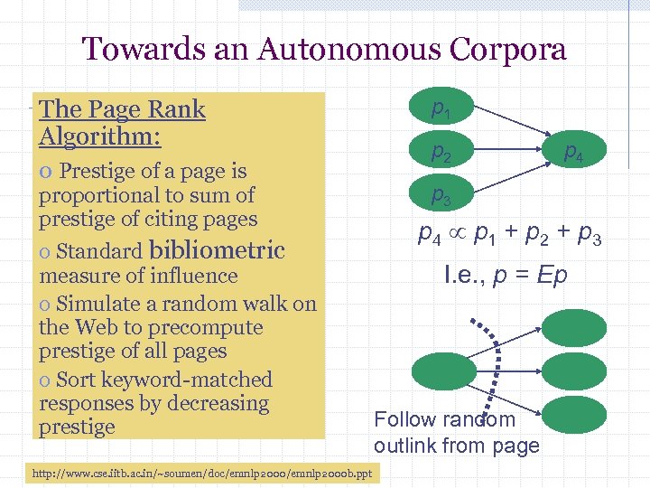 Towards an Autonomous Corpora The Page Rank Algorithm: o Prestige of a page is