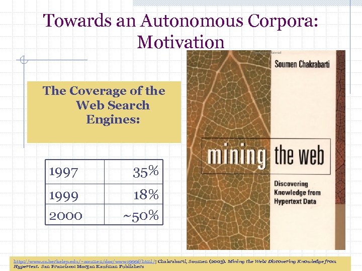 Towards an Autonomous Corpora: Motivation The Coverage of the Web Search Engines: 1997 1999