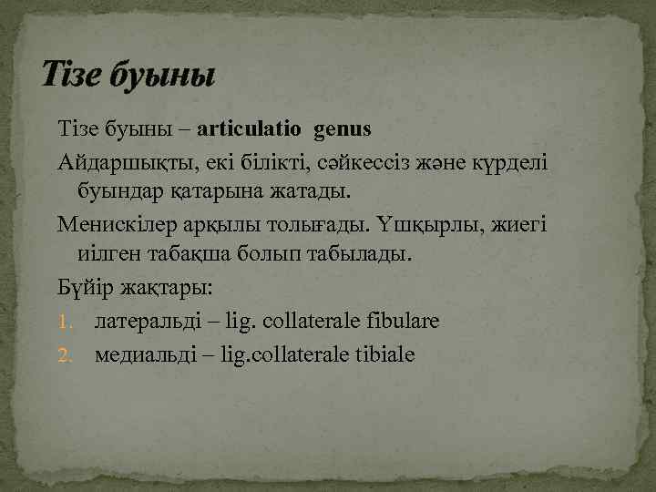 Тізе буыны – articulatio genus Айдаршықты, екі білікті, сәйкессіз және күрделі буындар қатарына жатады.