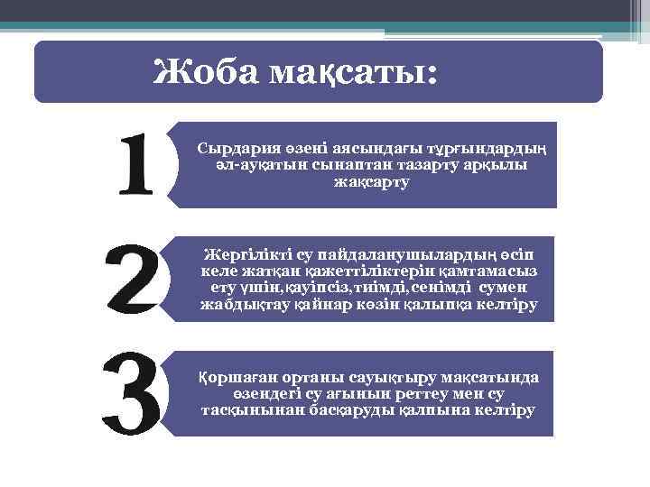 Жоба мақсаты: Сырдария өзені аясындағы тұрғындардың әл-ауқатын сынаптан тазарту арқылы жақсарту Жергілікті су пайдаланушылардың