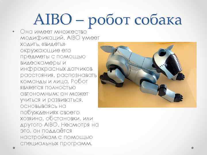 AIBO – робот собака • Она имеет множество модификаций. AIBO умеет ходить, «видеть» окружающие