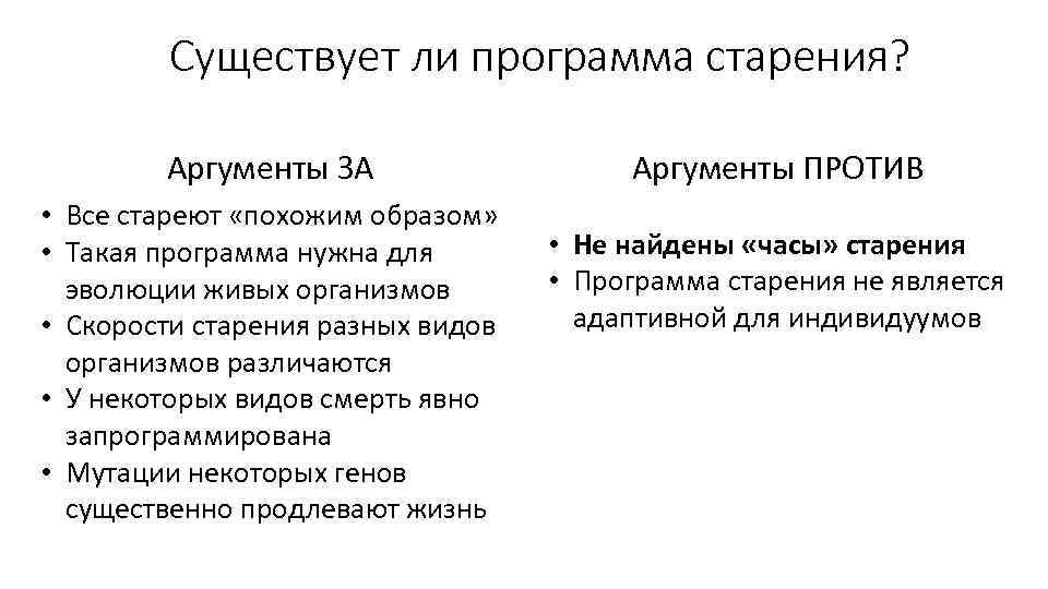 Существует ли программа старения? Аргументы ЗА • Все стареют «похожим образом» • Такая программа