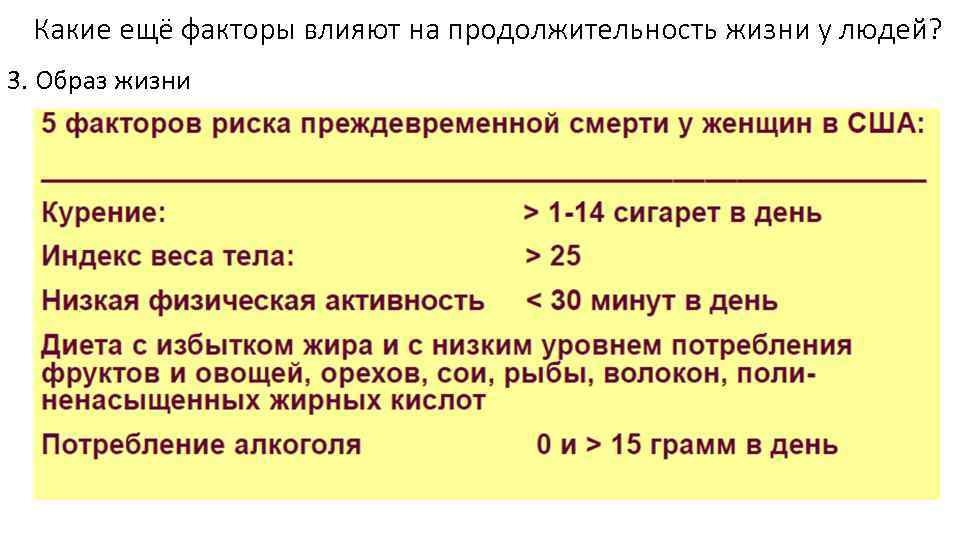 Какие ещё факторы влияют на продолжительность жизни у людей? 3. Образ жизни 