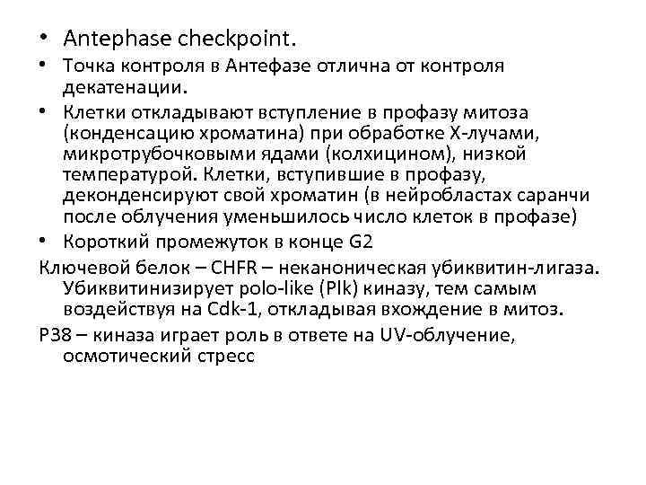  • Antephase checkpoint. • Точка контроля в Антефазе отлична от контроля декатенации. •