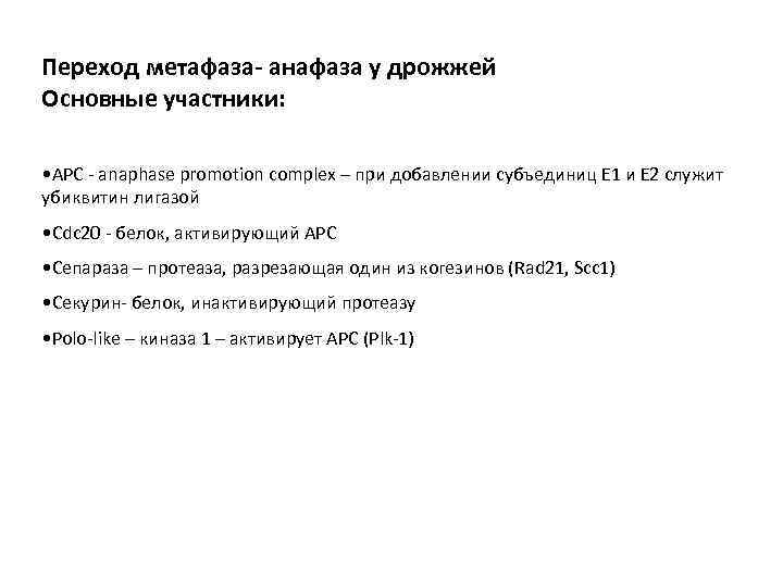 Переход метафаза- анафаза у дрожжей Основные участники: • APC - anaphase promotion complex –