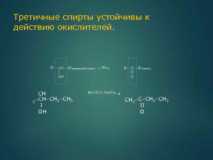 Третичные спирты устойчивы к действию окислителей. R- -CH- -R’(вторичный спирт) ––[O] I OH CH