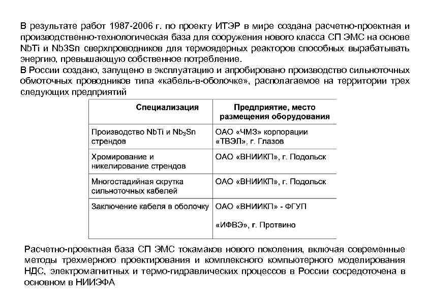 В результате работ 1987‑ 2006 г. по проекту ИТЭР в мире создана расчетно-проектная и