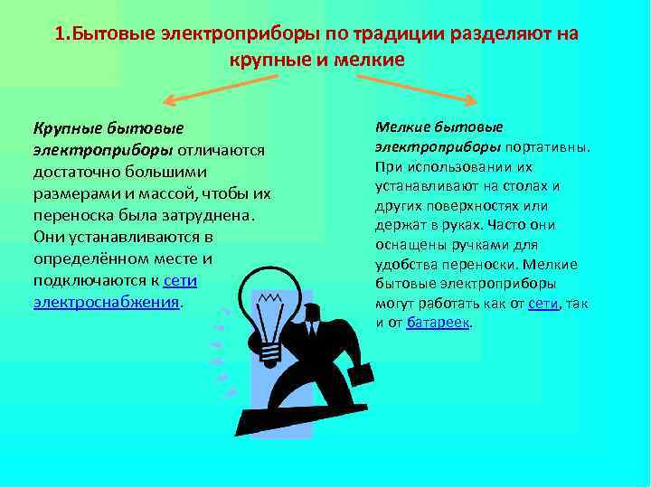 1. Бытовые электроприборы по традиции разделяют на крупные и мелкие Крупные бытовые электроприборы отличаются
