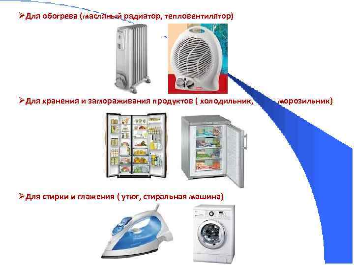 ØДля обогрева (масляный радиатор, тепловентилятор) ØДля хранения и замораживания продуктов ( холодильник, морозильник) ØДля