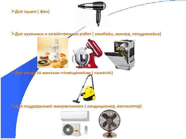 ØДля сушки ( фен) ØДля кухонных и хозяйственных работ ( комбайн, миксер, посудомойка) ØДля