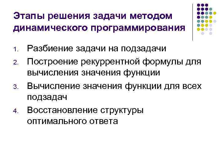 Этапы решения задачи методом динамического программирования 1. 2. 3. 4. Разбиение задачи на подзадачи