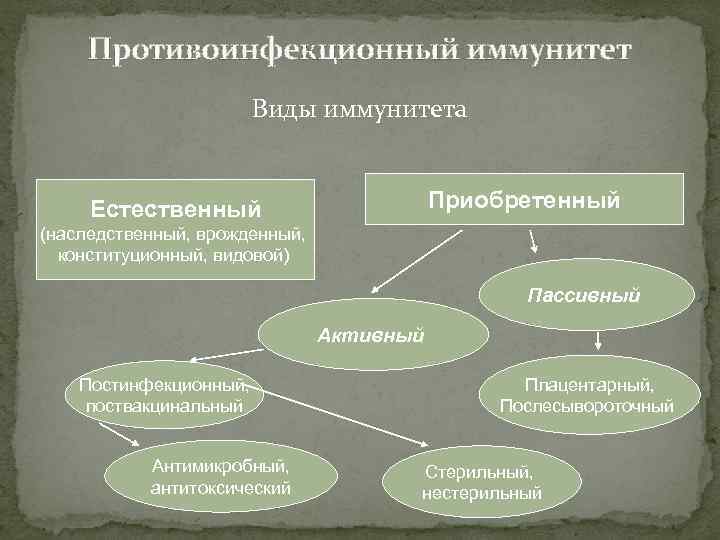 Противоинфекционный иммунитет Виды иммунитета Приобретенный Естественный (наследственный, врожденный, конституционный, видовой) Пассивный Активный Постинфекционный, поствакцинальный