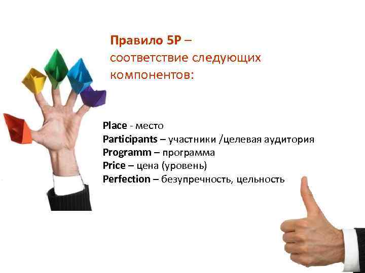 Правило 5 Р – соответствие следующих компонентов: Place - место Participants – участники /целевая