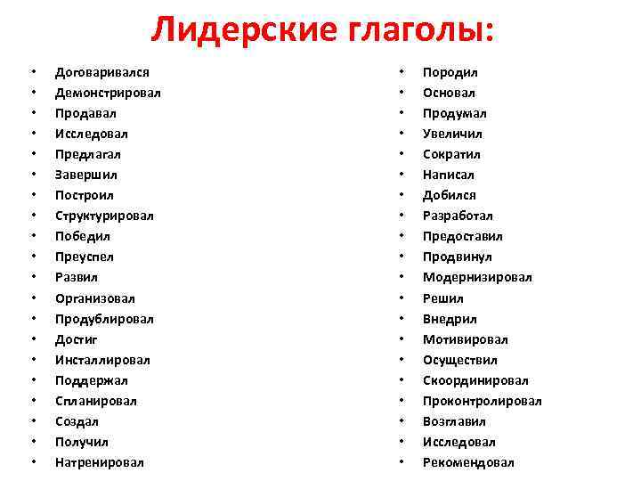 Лидерские глаголы: • • • • • Договаривался Демонстрировал Продавал Исследовал Предлагал Завершил Построил