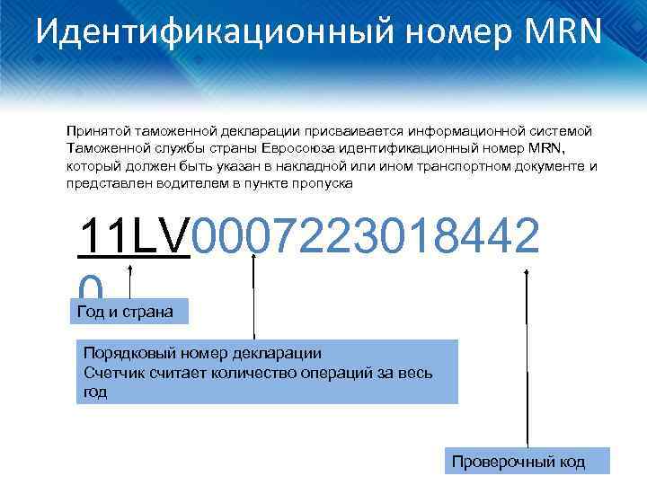 Идентификационный номер MRN Принятой таможенной декларации присваивается информационной системой Таможенной службы страны Евросоюза идентификационный