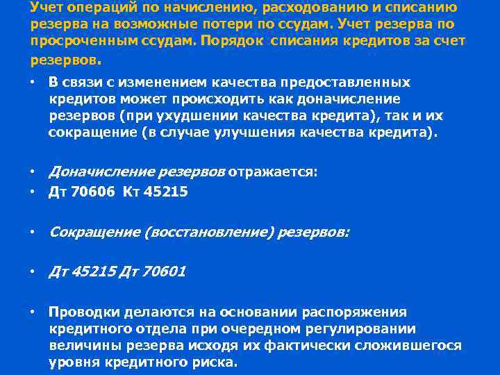 Учет операций по начислению, расходованию и списанию резерва на возможные потери по ссудам. Учет