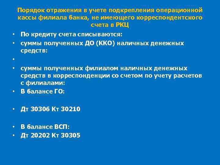 Порядок отражения в учете подкрепления операционной кассы филиала банка, не имеющего корреспондентского счета в